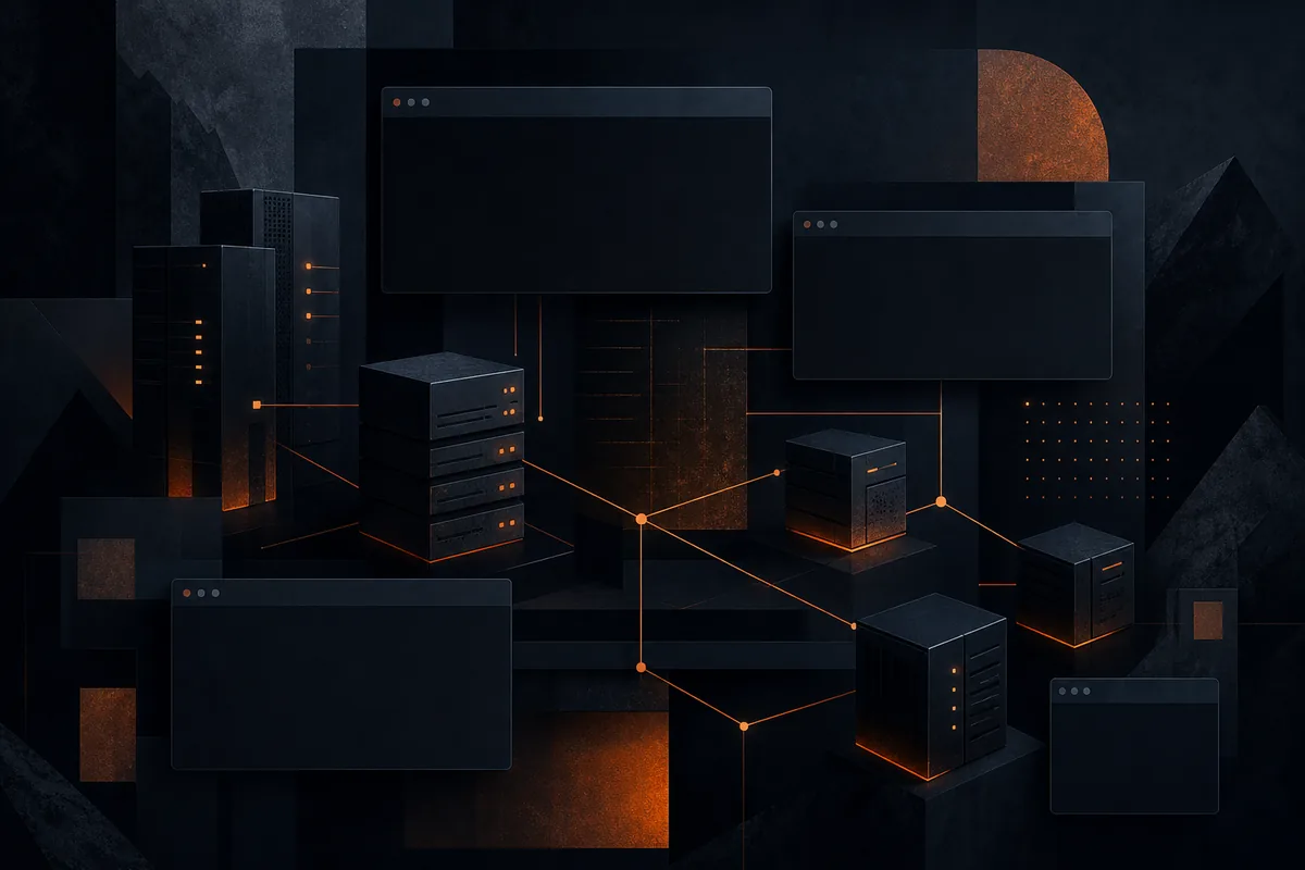 Mörk redaktionell illustration av Monero-noder, wallet- och RPC-säkerhet med orange nätverkslinjer