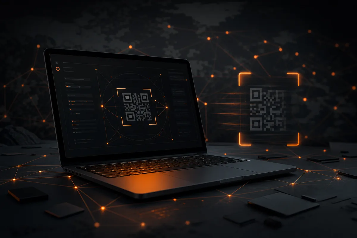 Mörk redaktionell illustration av en desktop-plånbok för Monero med abstrakt QR-skanning och orange säkerhetsnätverk