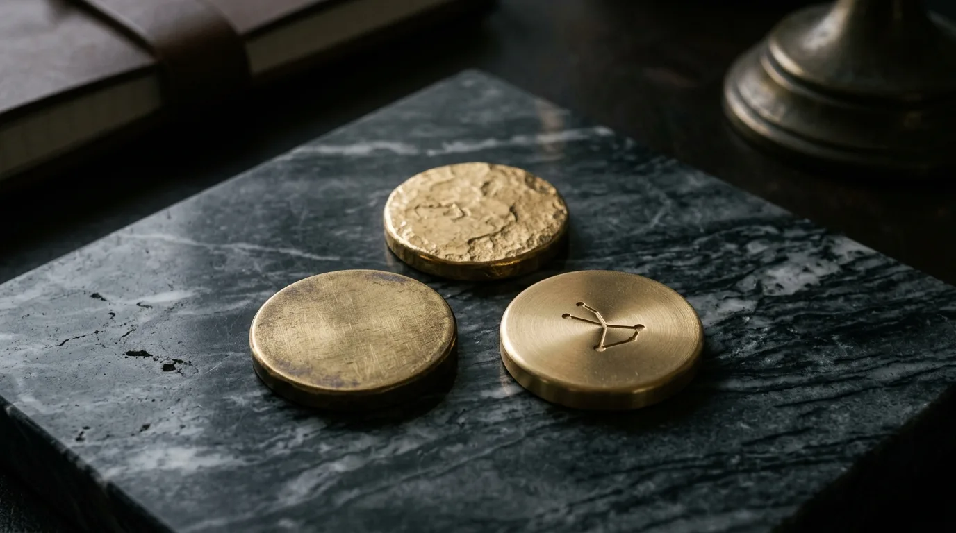 Tre guldfärgade mynt i triangelkomposition