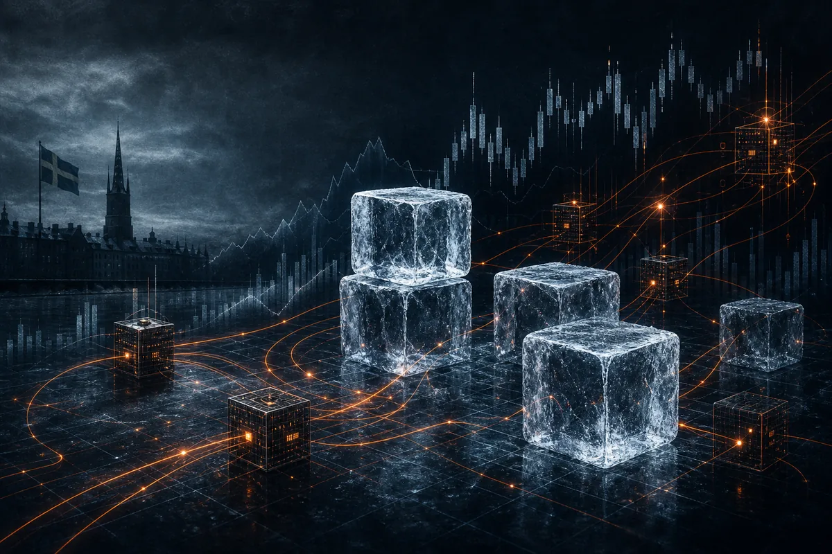 Frysta digitala block och orange transaktionsflöden som illustrerar XMR-likviditet och stablecoin-risk